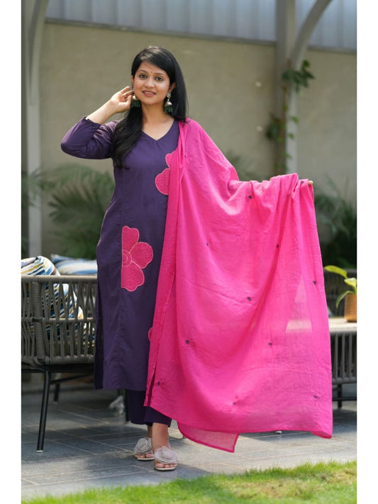 Floral Appliqué Cotton Salwar Suit